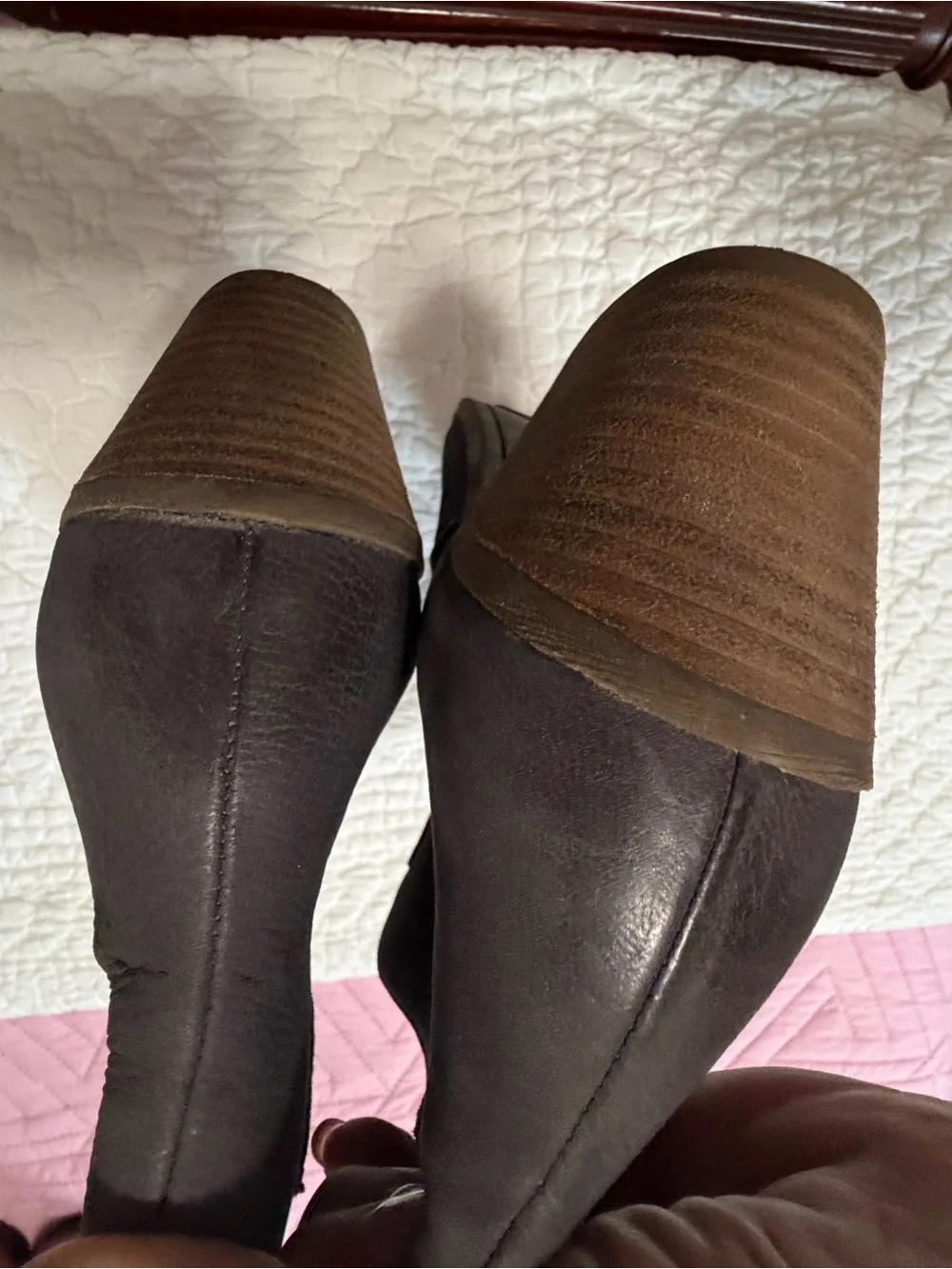 Frye Dark Gray Leather Ankle Booties with Stacked Heel